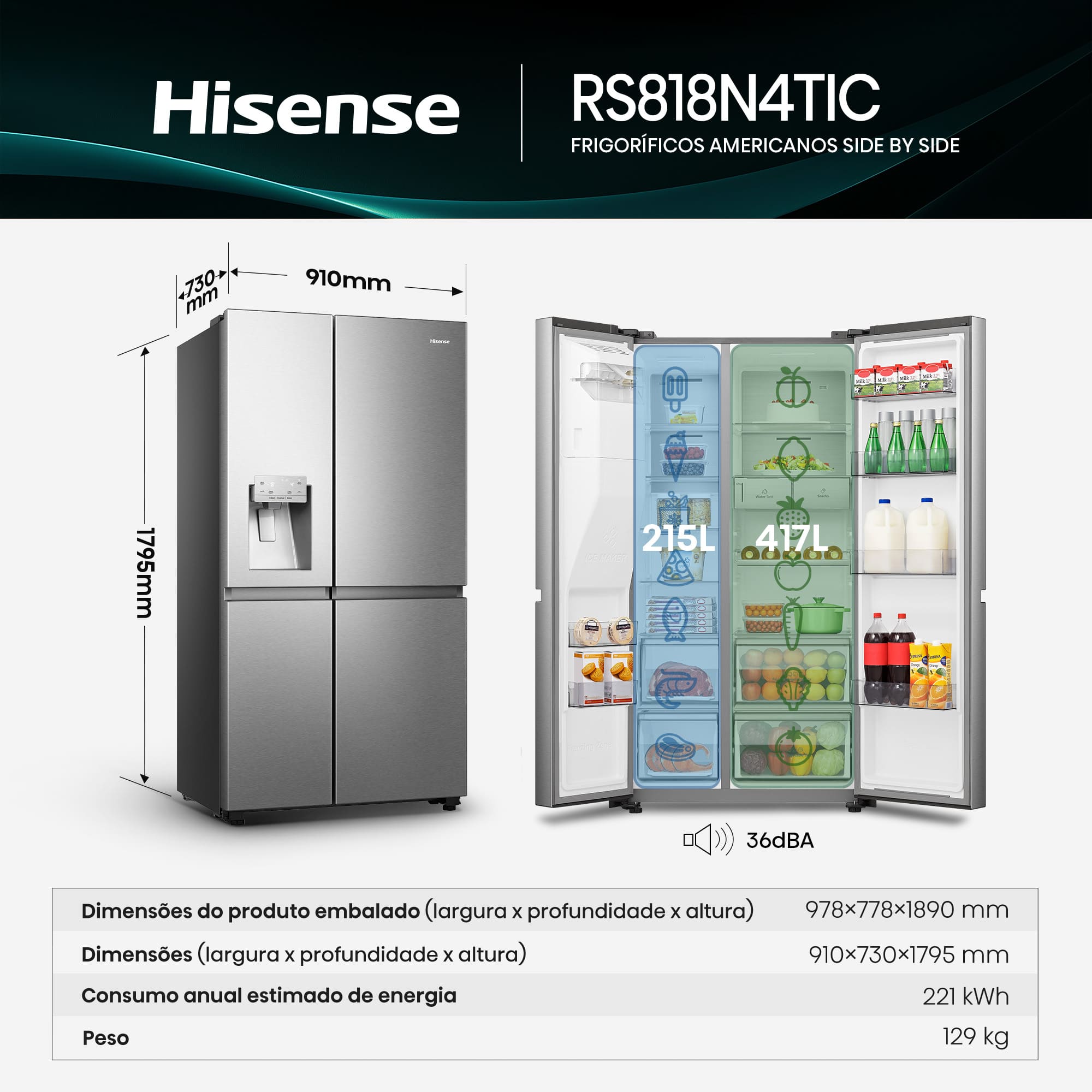 Hisense - RS818N4TIC – Frigorífico Americano Side By Side, Classe C, 632L
