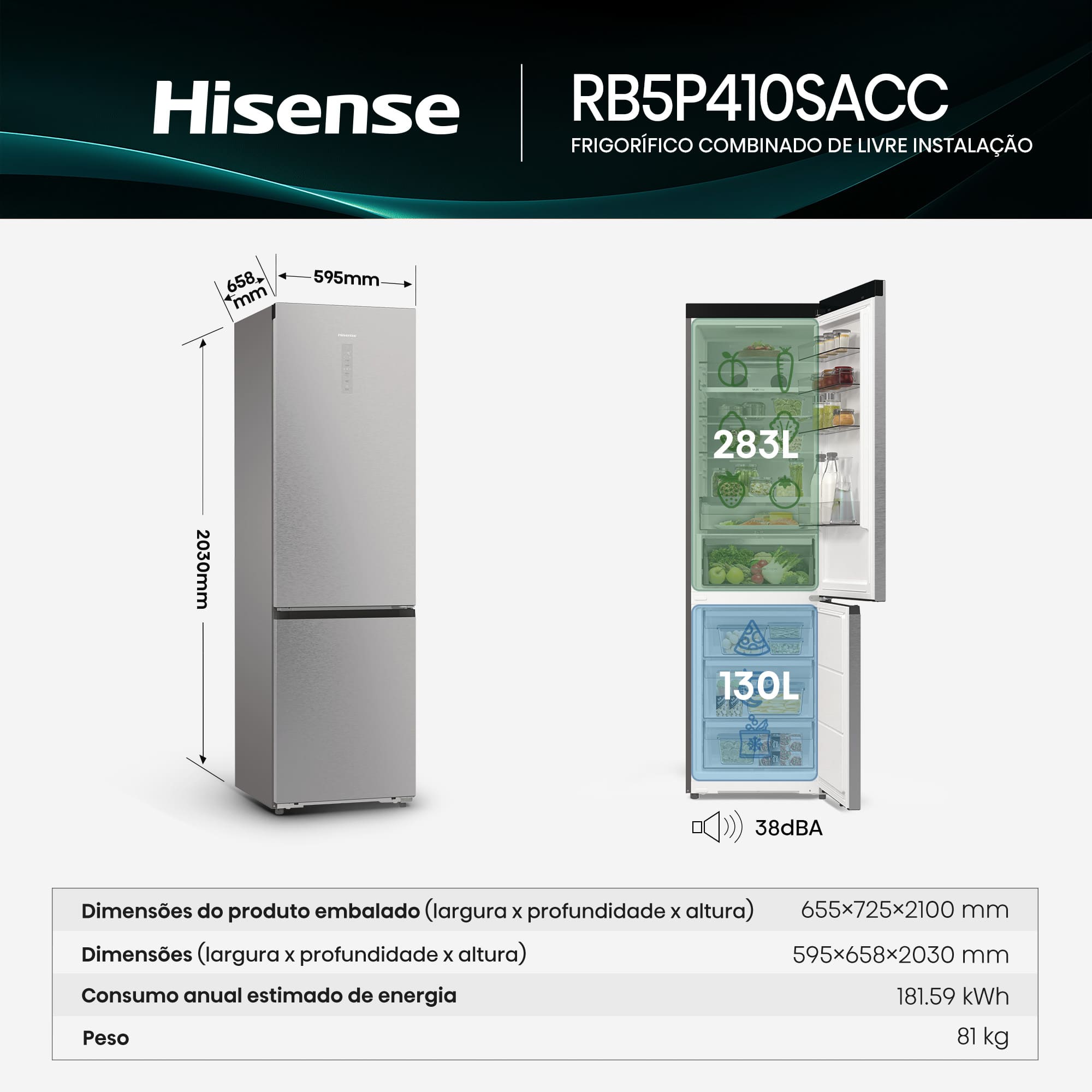 Hisense - RB5P410SACC – Combinado 2 Portas, Classe C, 413L