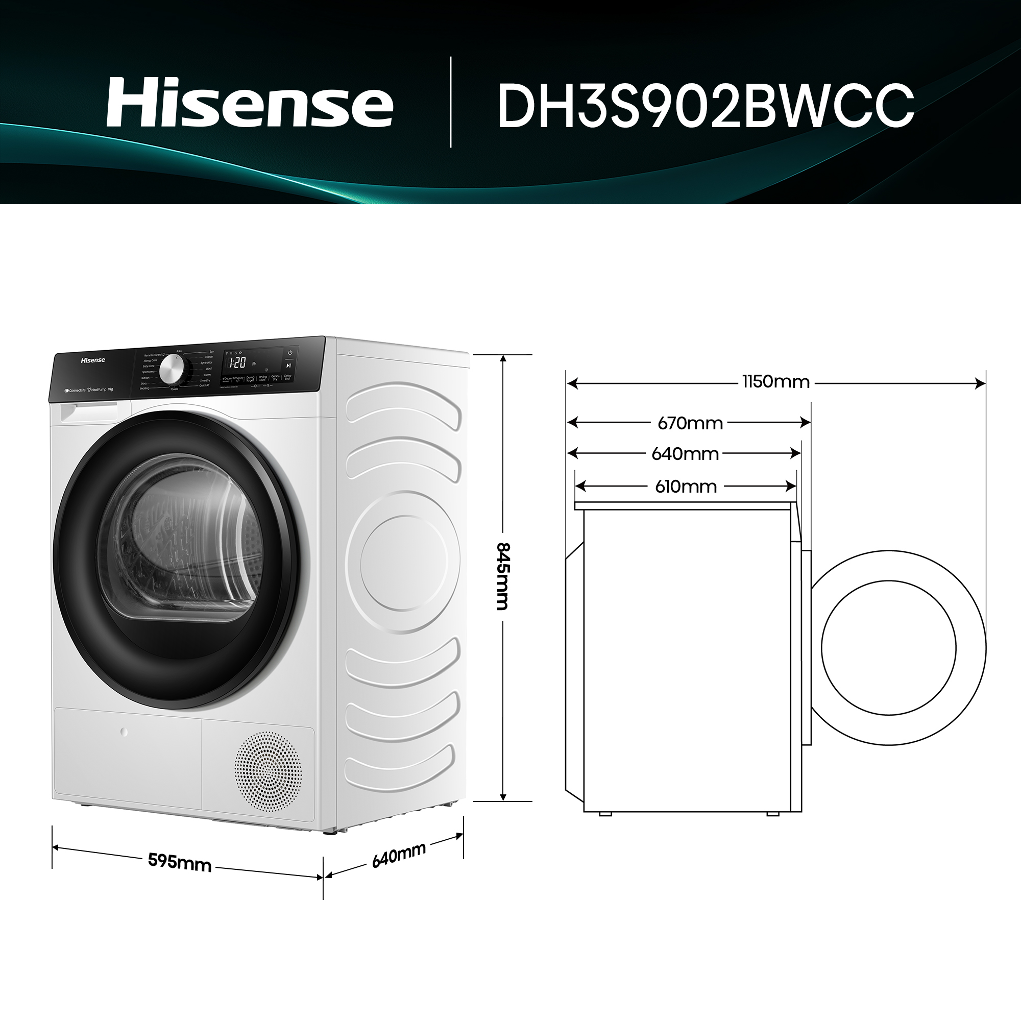 Hisense - DH3S902BWCC – Máquina de Secar Roupa Série 3S, 9Kg, Classe C