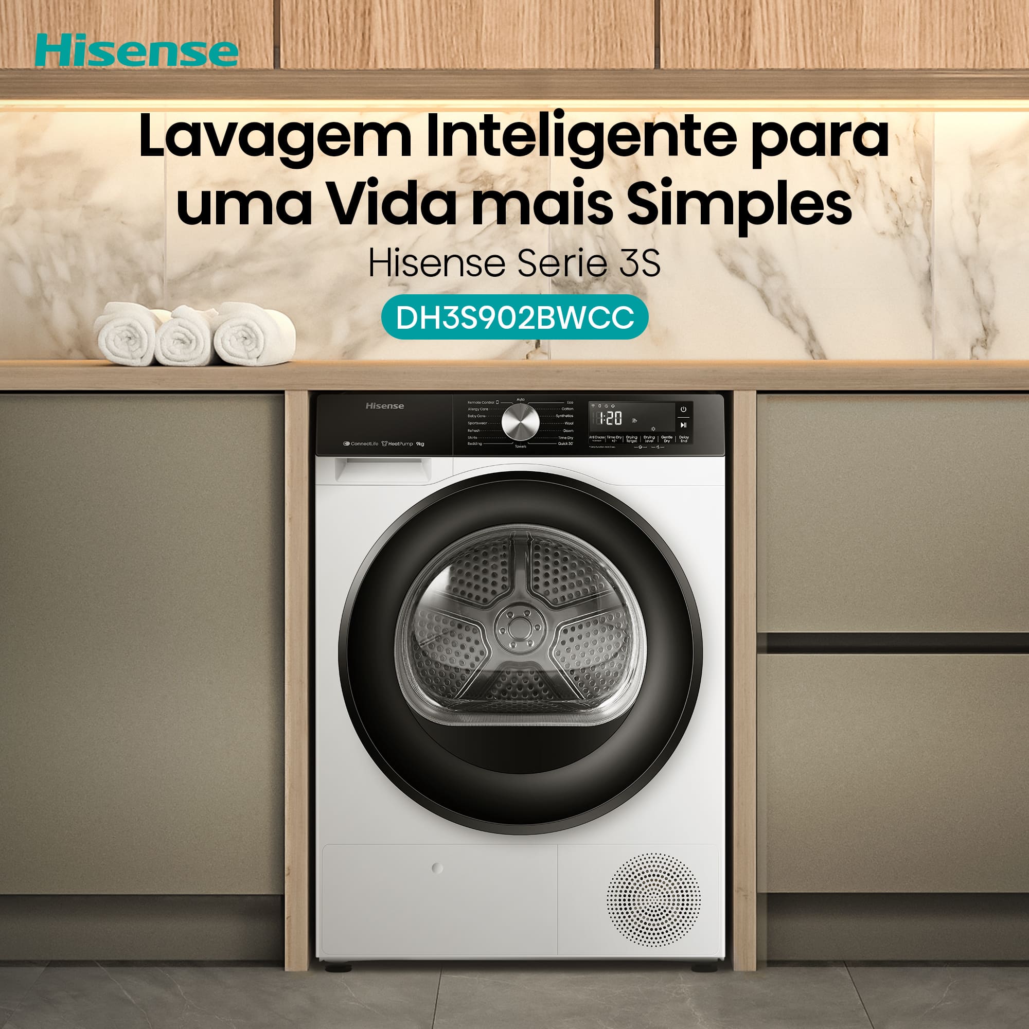 Hisense - DH3S902BWCC – Máquina de Secar Roupa Série 3S, 9Kg, Classe C