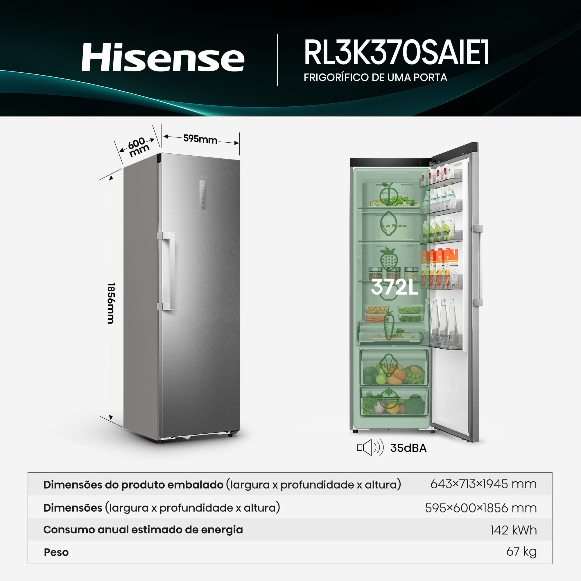 Hisense - RL3K370SAIE1 – Frigorífico 1 Porta Kitchen Fit, Classe E, 372L