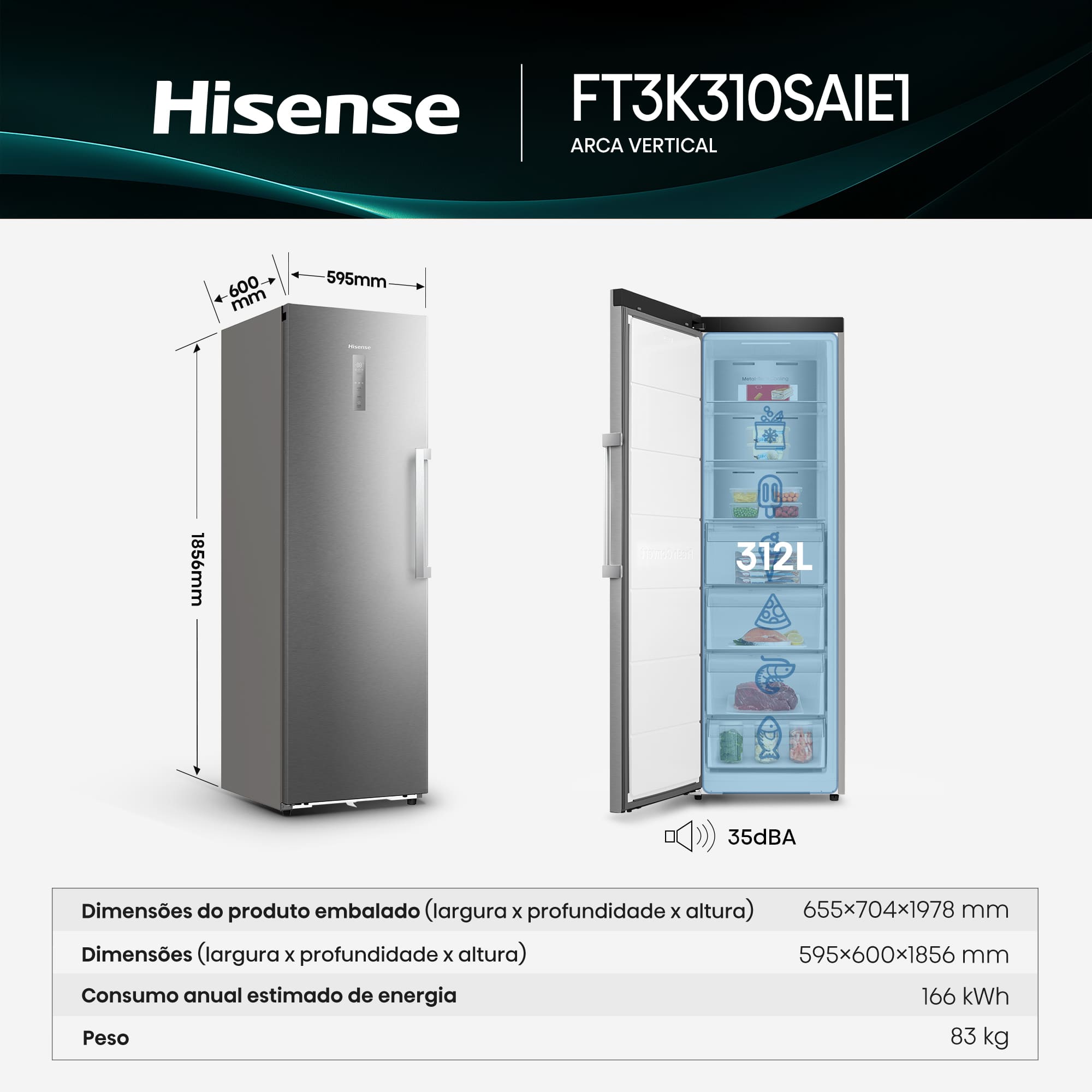 Hisense - FT3K310SAIE1 – Arca Vertical Kitchen Fit, Classe E, 312L