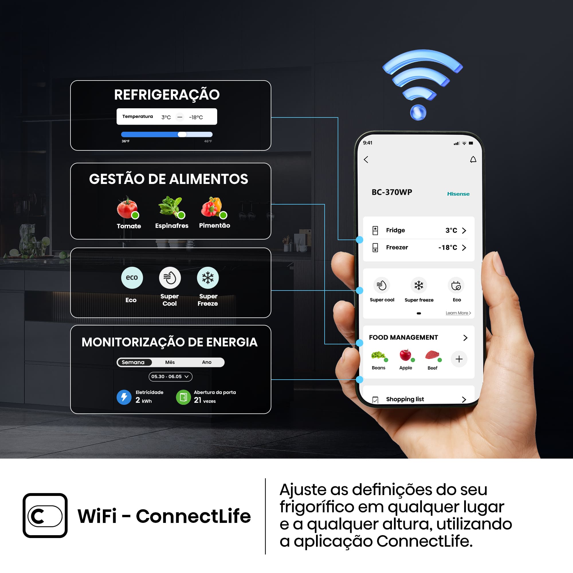 Hisense - RL3K370SAIE1 – Frigorífico 1 Porta Kitchen Fit, Classe E, 372L