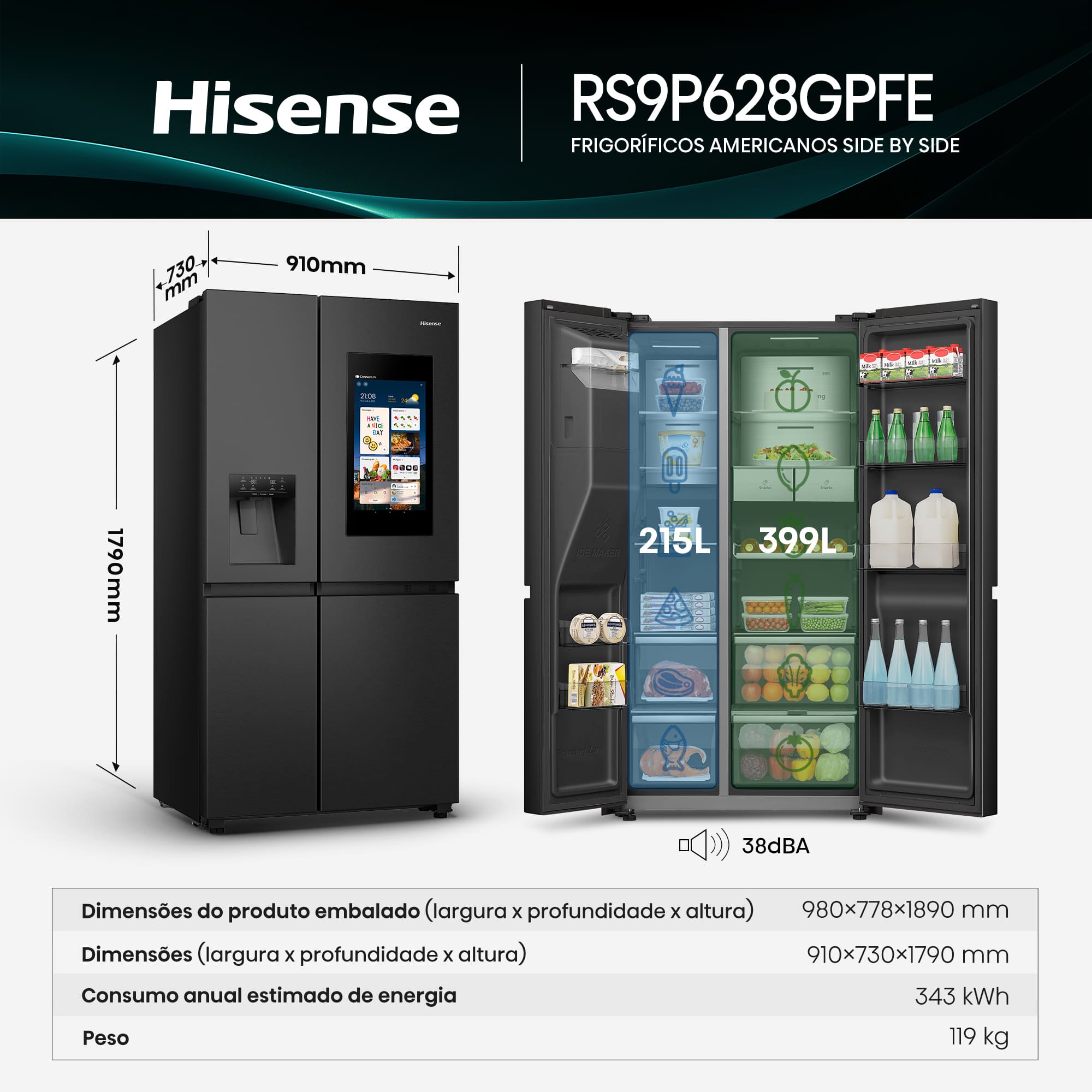 Hisense - RS9P628GPFE  – Frigorífico Americano SBS, Classe E, 614L