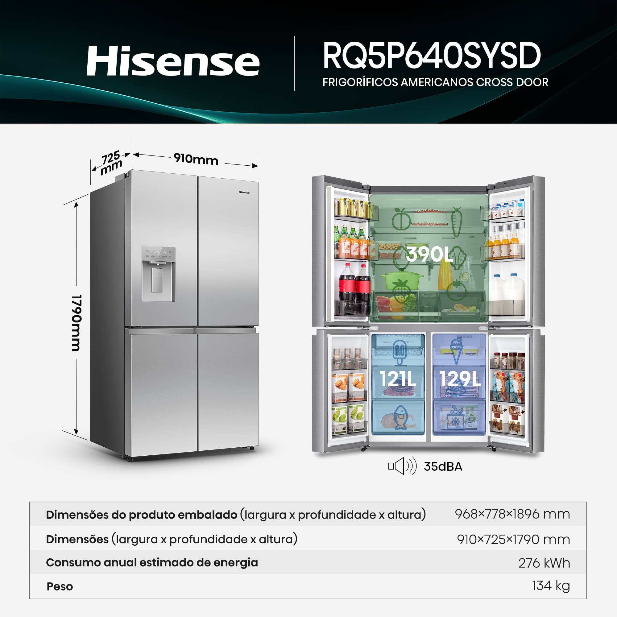 Hisense - RQ5P640SYSD – frigorífico Americano Cross Door, Classe D, 640L
