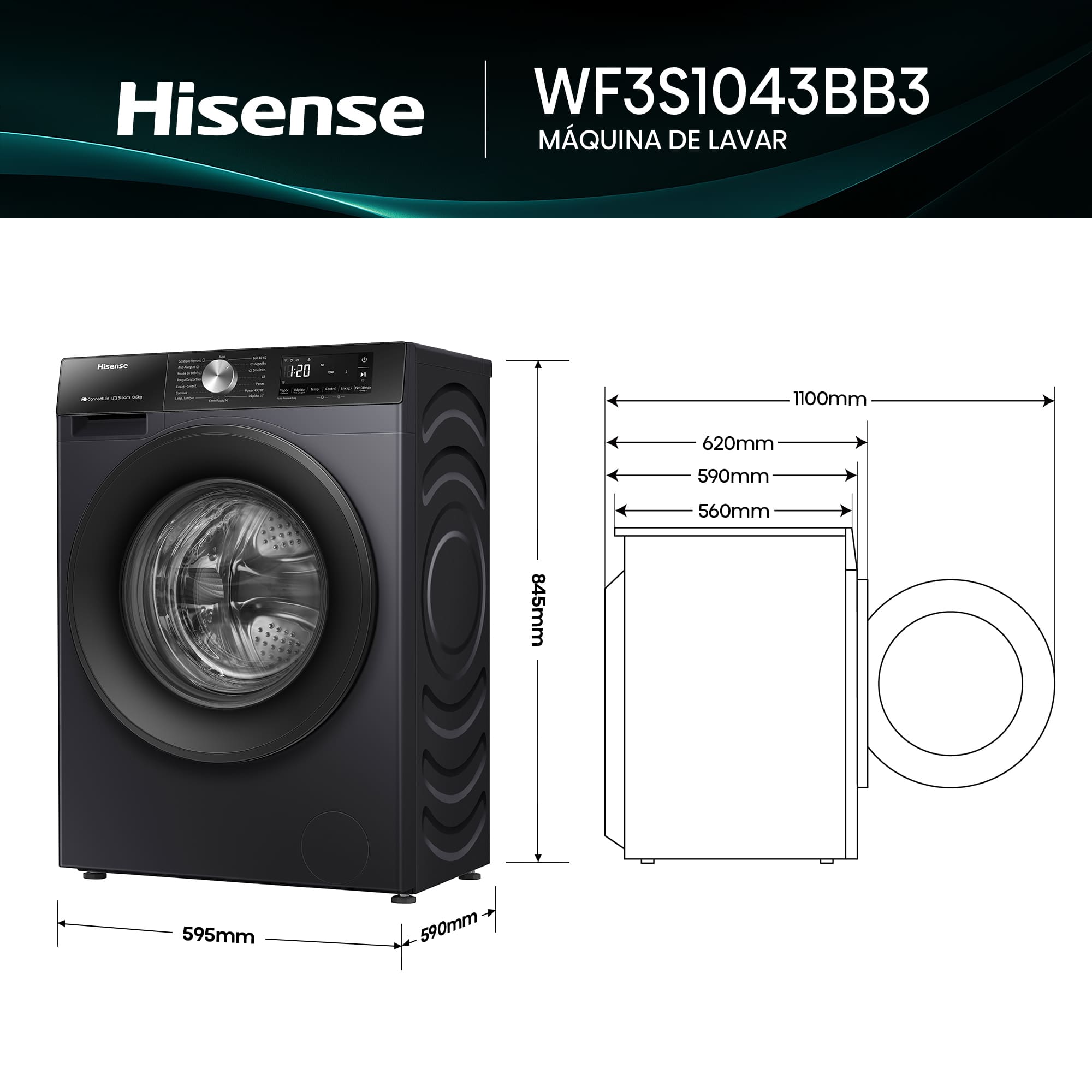 Hisense - WF3S1043BB3 – Máquina de Lavar Roupa Serie 3S, 10,5Kg, Classe A