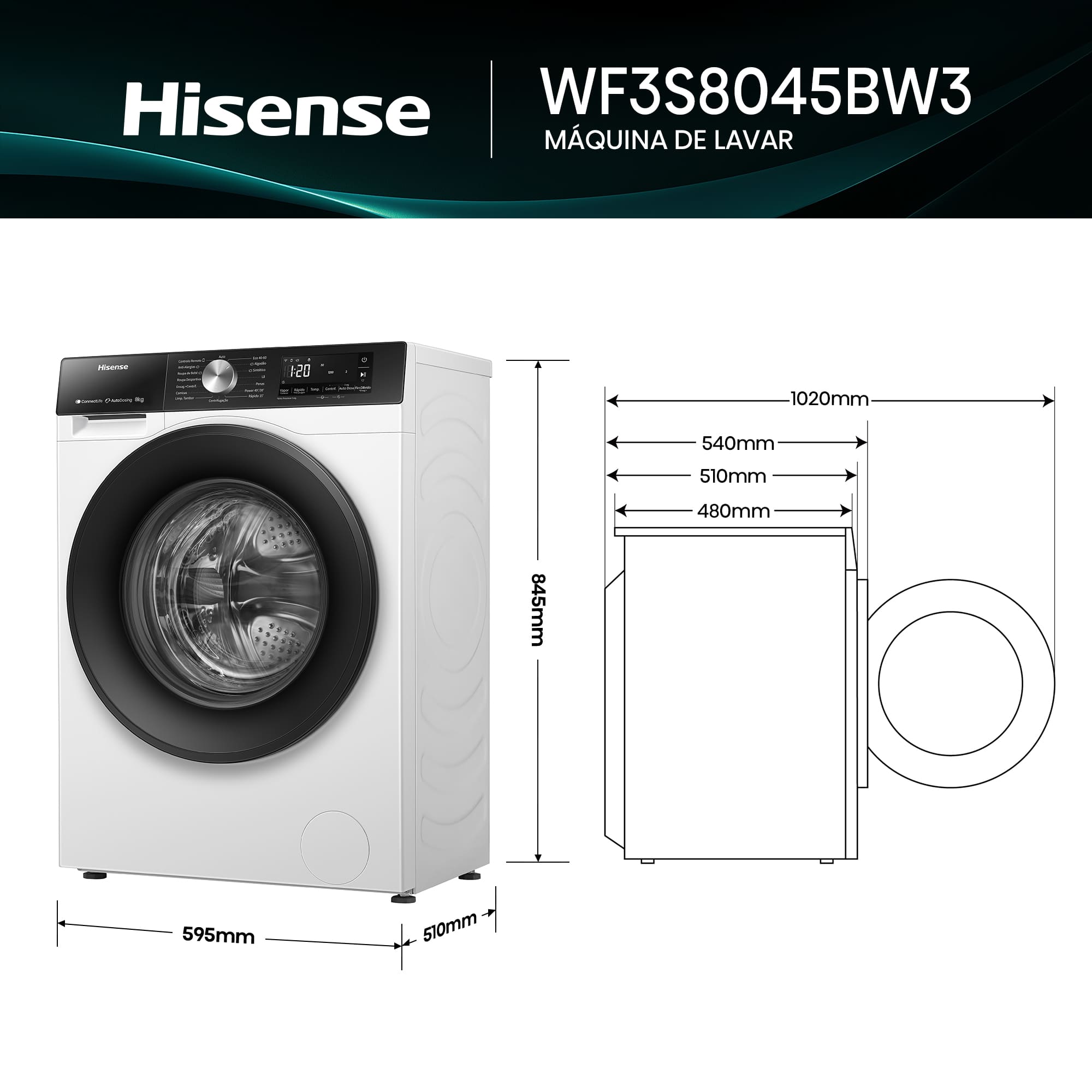 Hisense - WF3S8045BW3 – Máquina de Lavar Roupa Serie 3S, 8Kg, Classe A