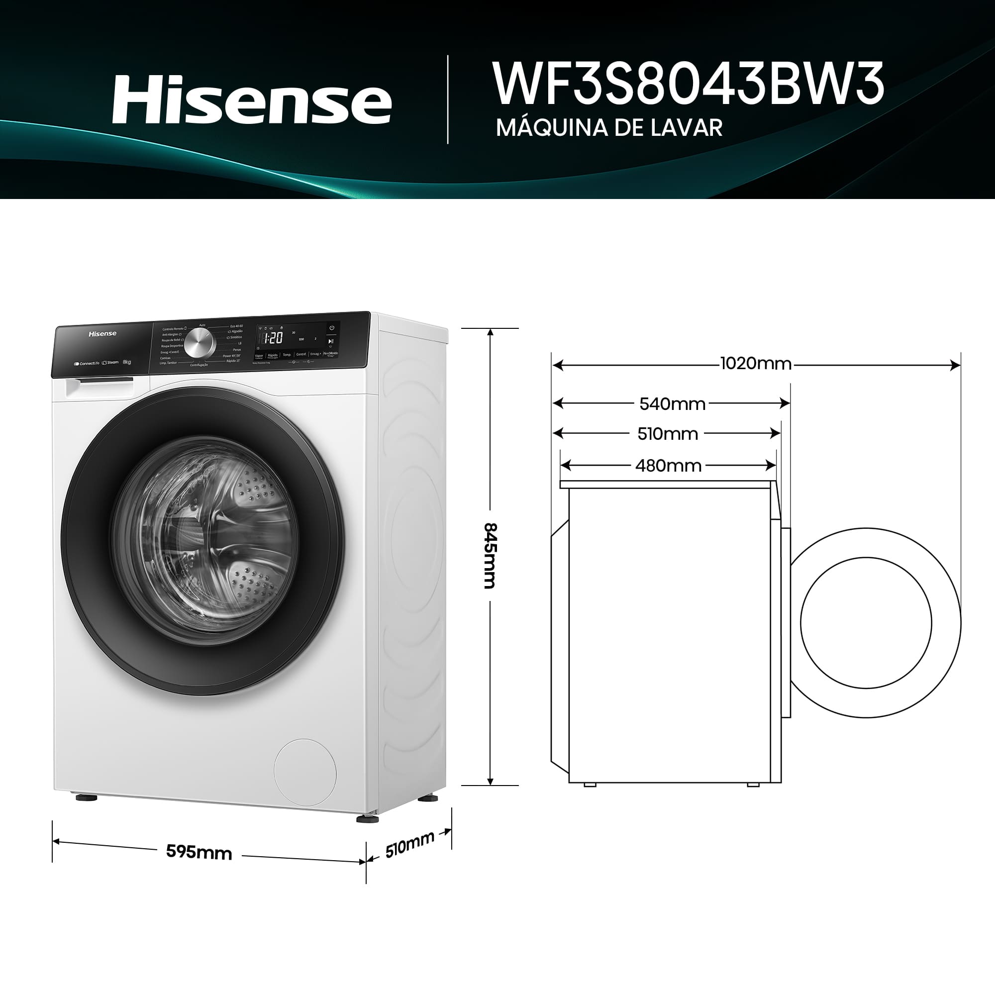 Hisense - WF3S8043BW3 – Máquina de Lavar Roupa Serie 3S, 8Kg, Classe A