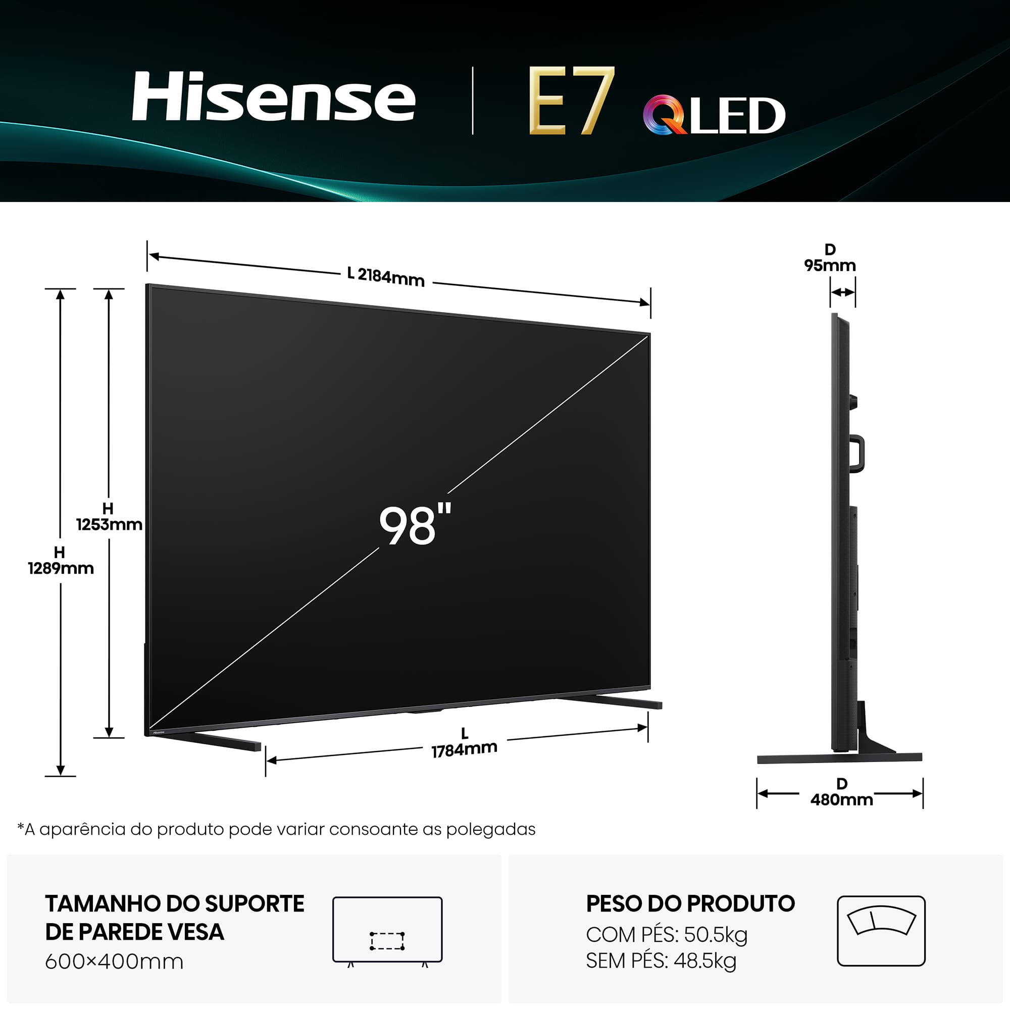 Hisense - Série E7Q QLED Smart TV 98E7Q, 98’’ com Dolby Vision & Atmos