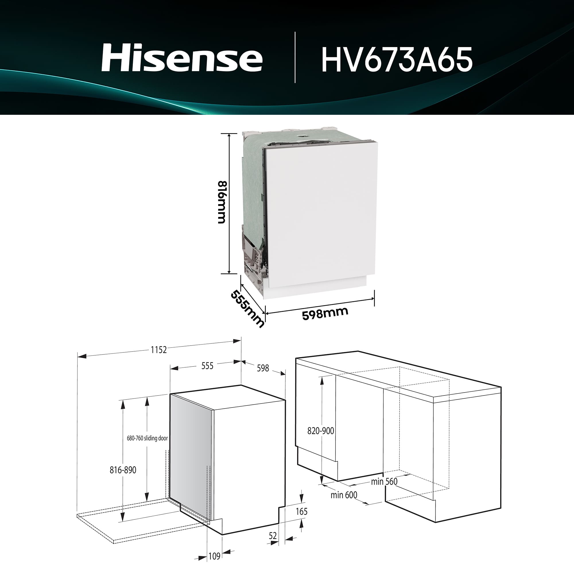 Hisense - HV673A65 – Máquina de Lavar Loiça Encastre 16 conjuntos, Classe A