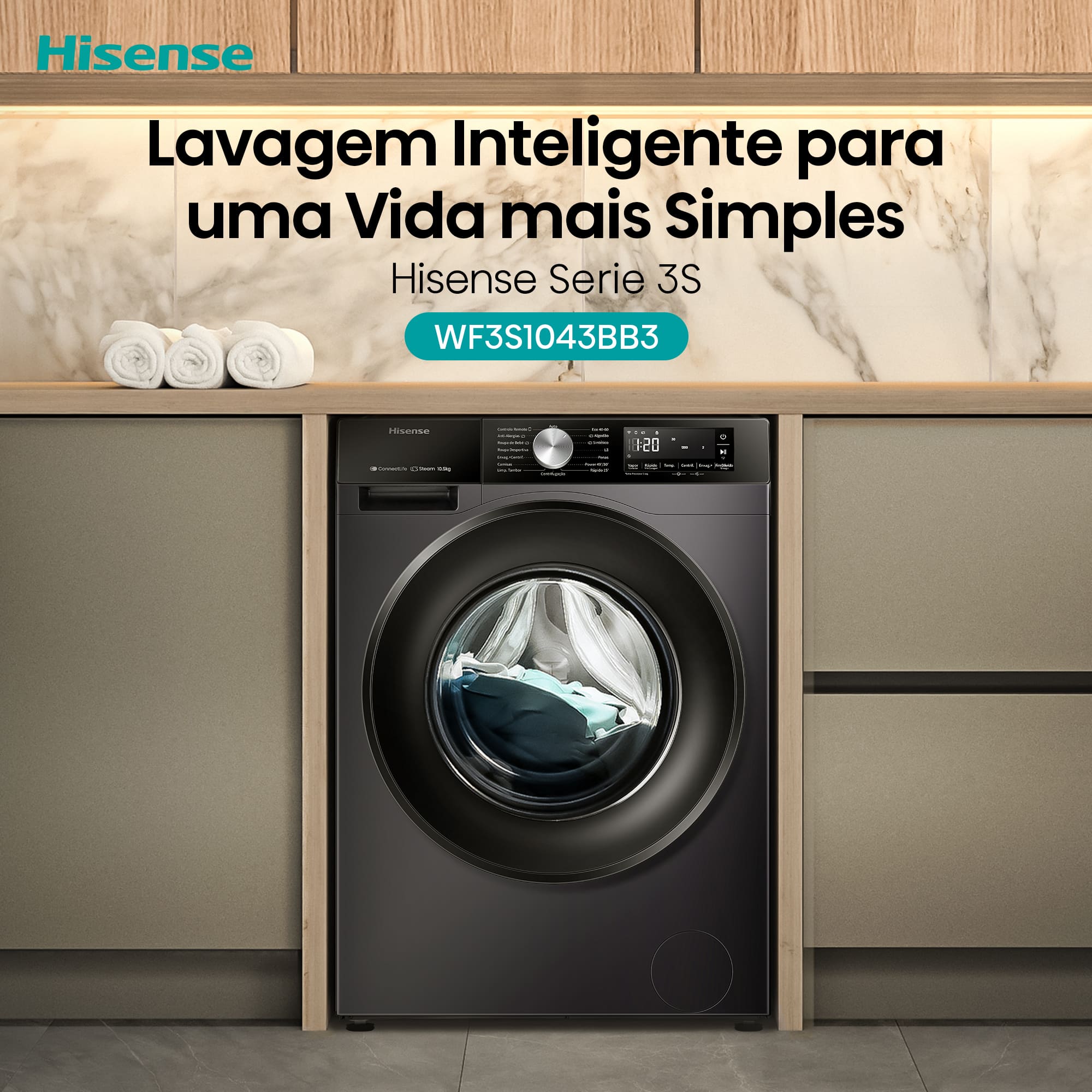 Hisense - WF3S1043BB3 – Máquina de Lavar Roupa Serie 3S, 10,5Kg, Classe A