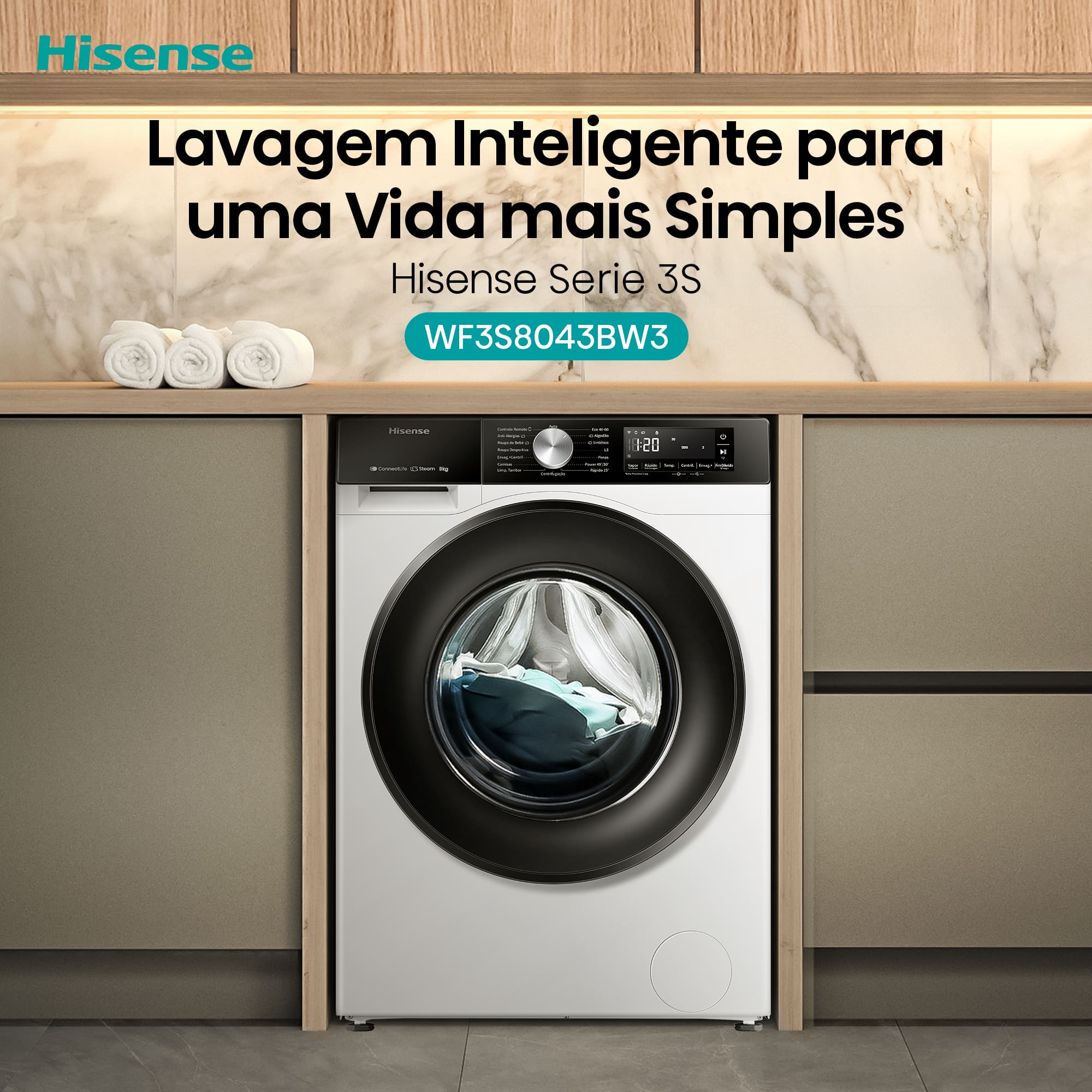 Hisense - WF3S8043BW3 – Máquina de Lavar Roupa Serie 3S, 8Kg, Classe A