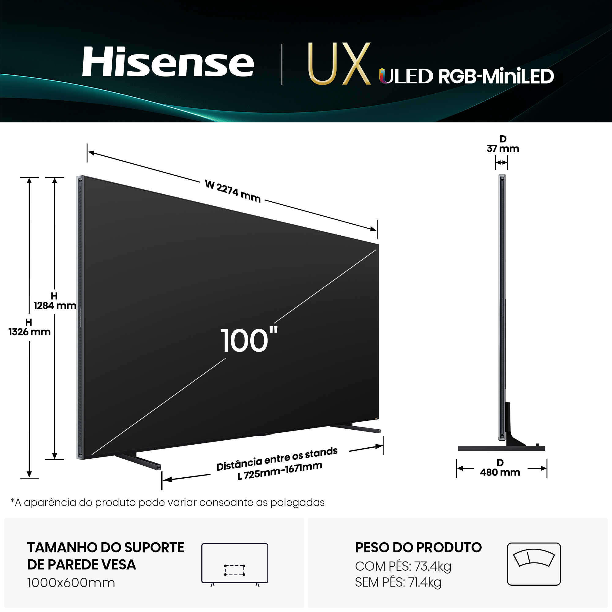 Hisense - Série UXQ RGB MiniLED 100 UXQ, 100’’ com sistema som surround 6.2.2