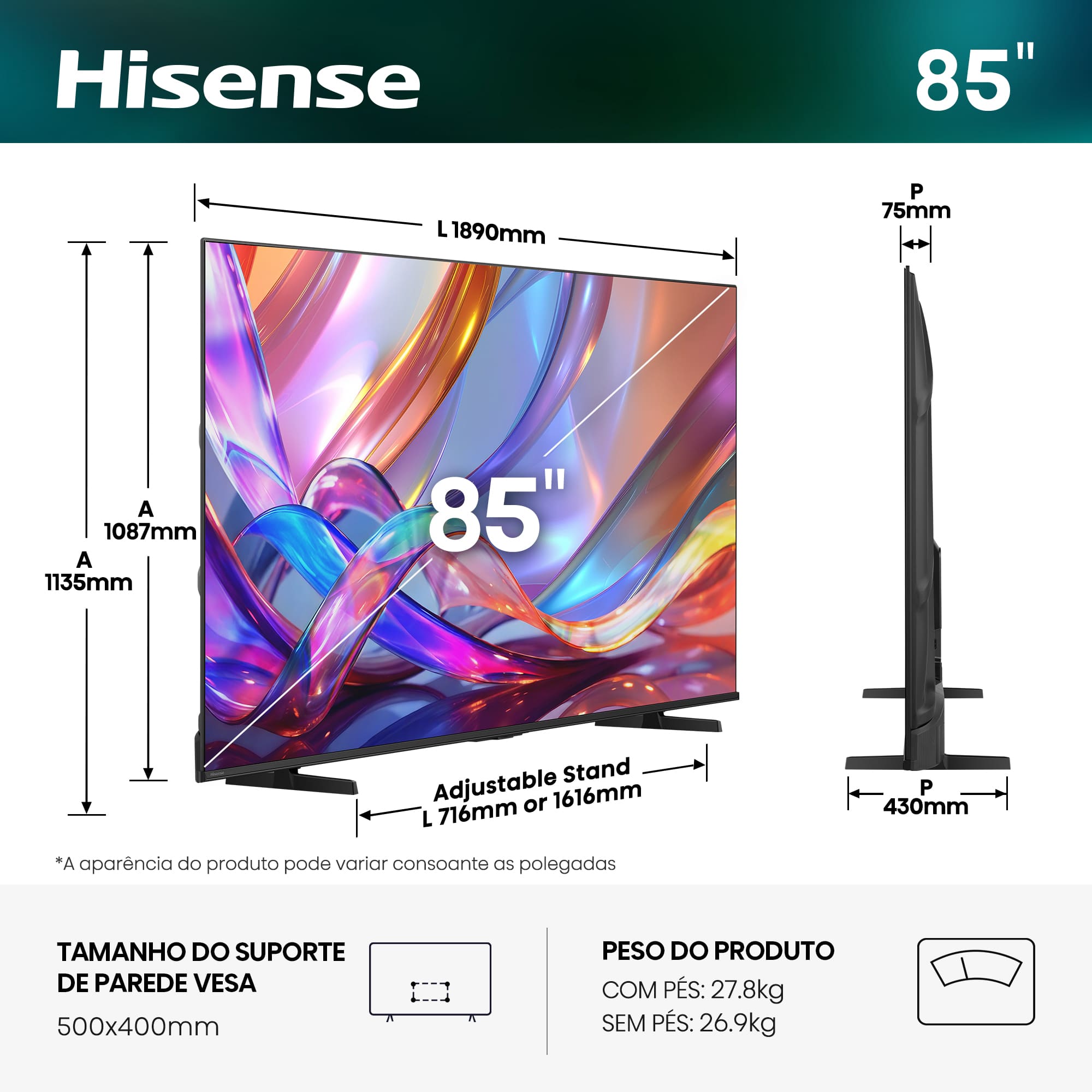 Hisense - Série E7S QLED Smart TV 85E7S, 85’’ com Dolby Vision & Atmos