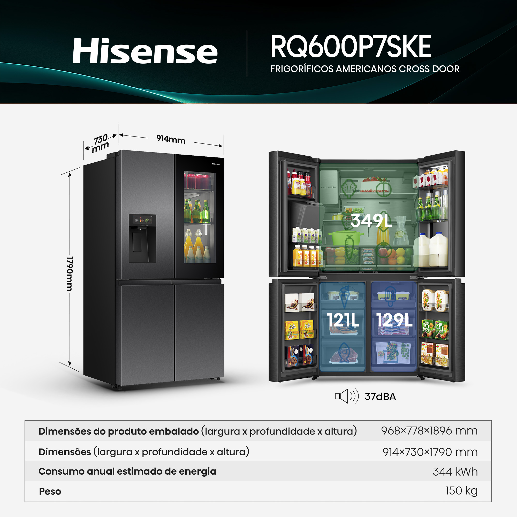 Hisense - RQ600P7SKE – Frigorífico Americano Cross Door PureView, Classe E, 615L