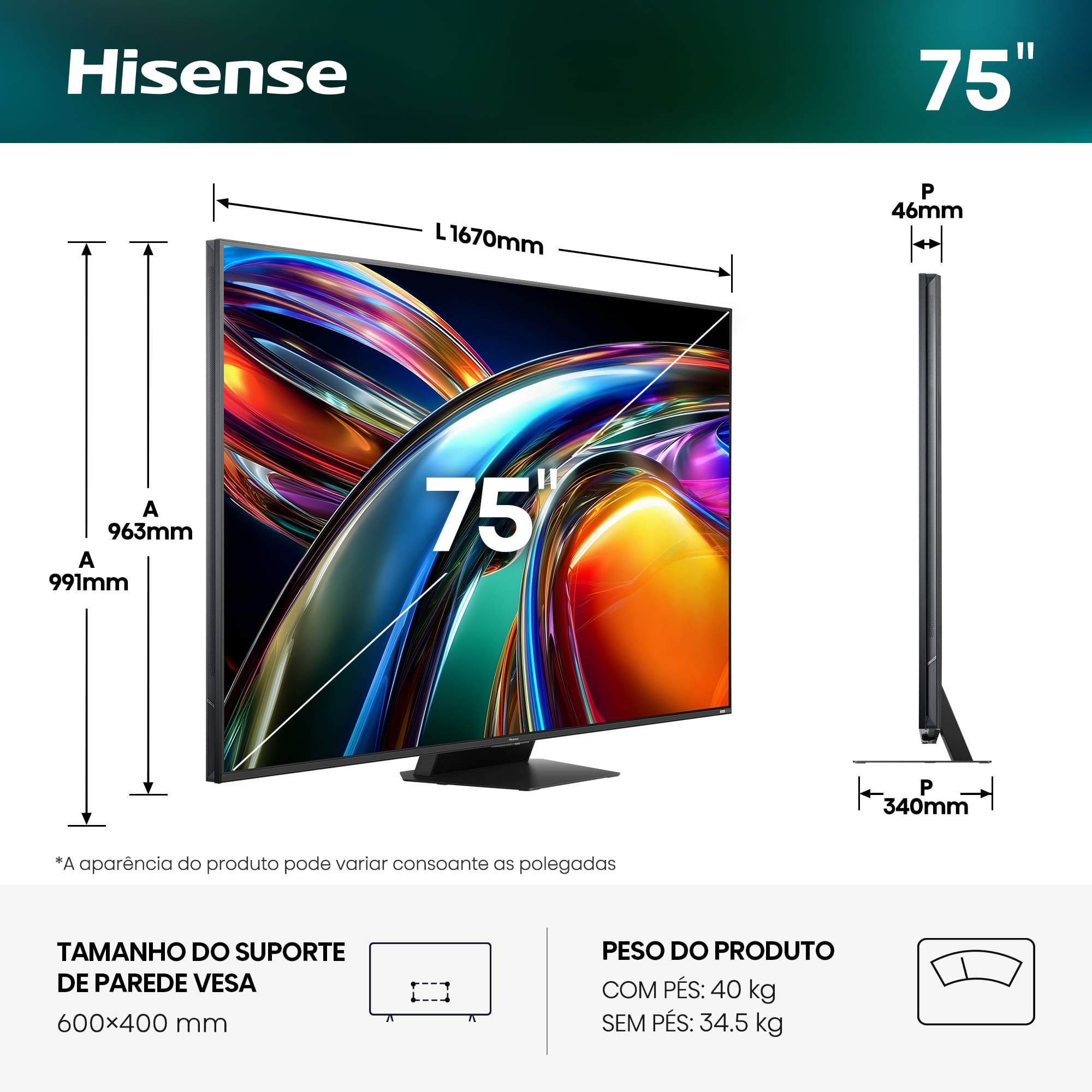 Hisense - Série UR9S RGB MiniLED 75UR9S, 75’’ com Som Surround Multicanal 4.1.2