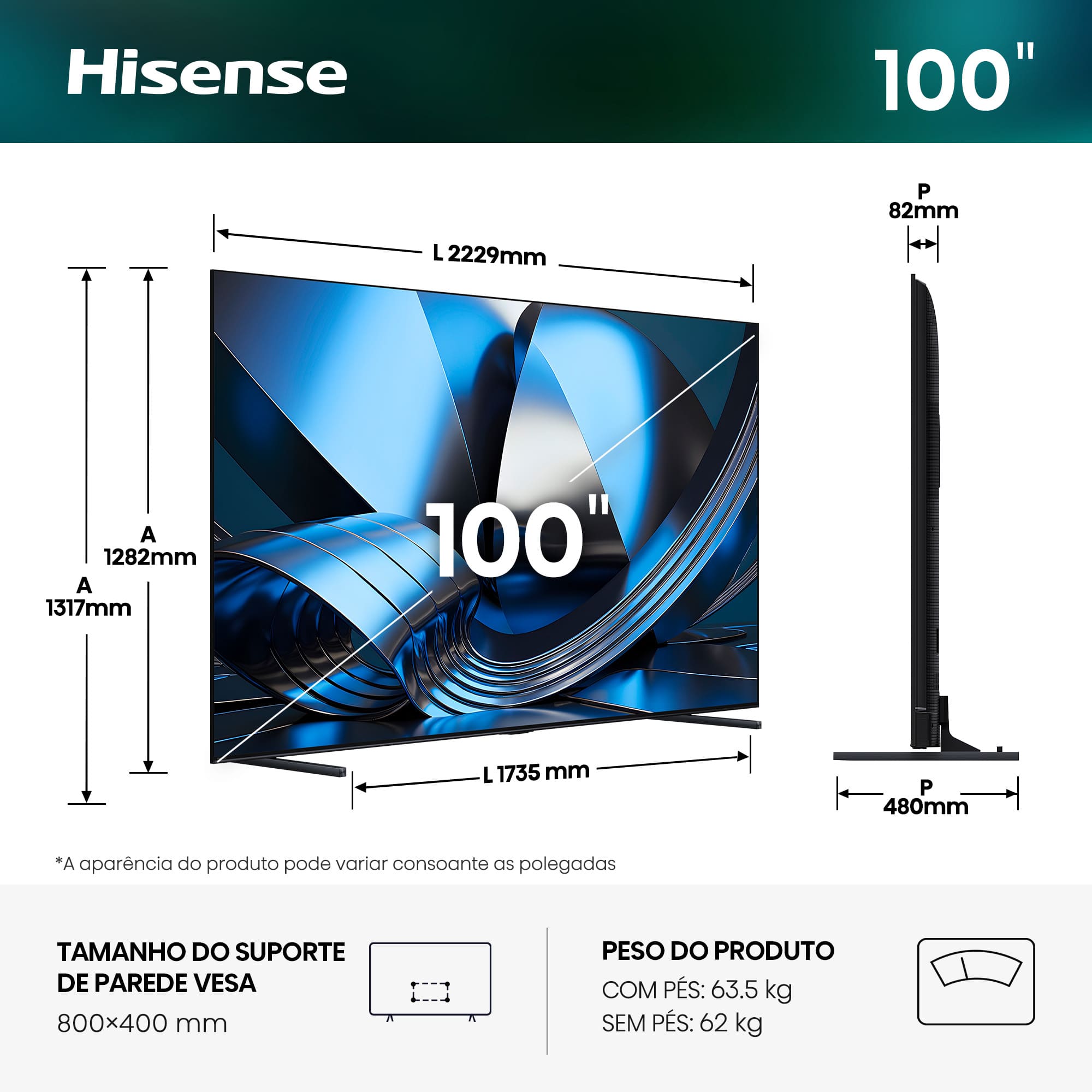 Hisense - Série U7SE MiniLED TV 100U7SE, 100’’ com Modo de Jogo a 165Hz nativos