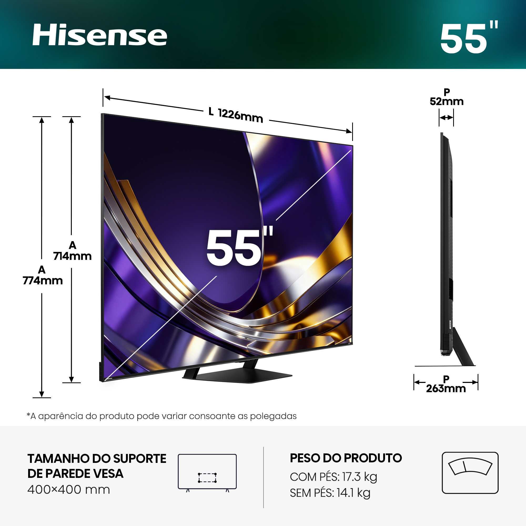 Hisense - Série U7S PRO Mini LED TV 55U7S PRO, 55’’ com Modo de Jogo a 165Hz Nativos