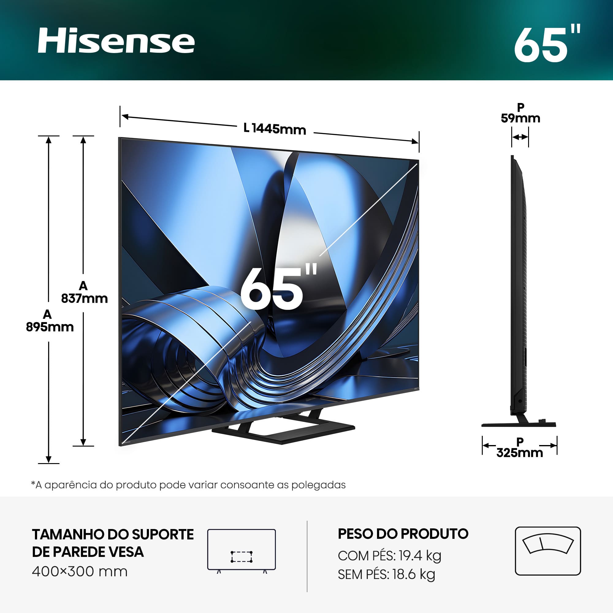 Hisense - Série U7SE MiniLED TV 65U7SE, 65’’ com Modo de Jogo a 144Hz nativos