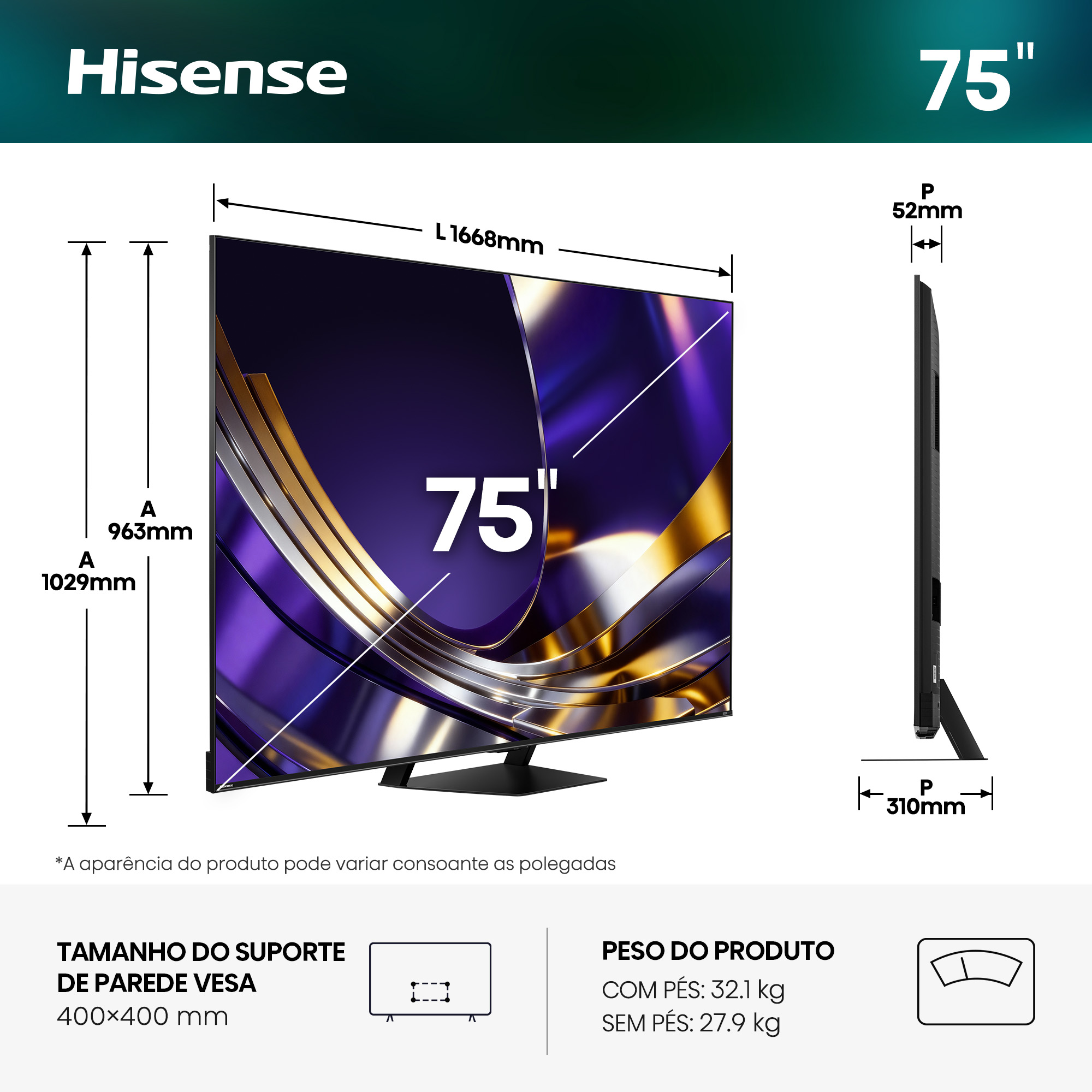 Hisense - Série U7S PRO Mini LED TV 75U7S PRO, 75’’ com Modo de Jogo a 165Hz Nativos