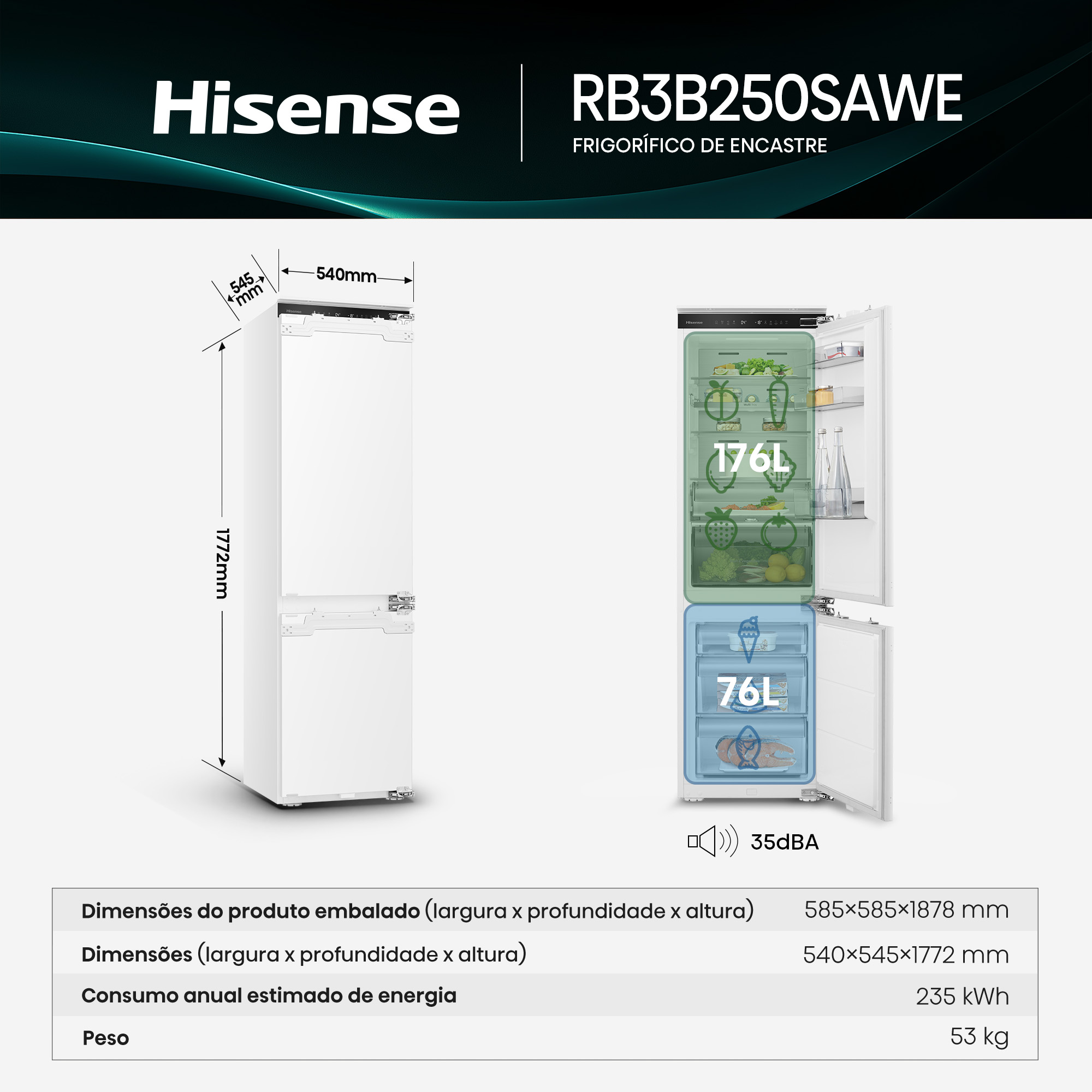 Hisense - RB3B250SAWE – Combinado Encastre 2 Portas, Classe E, 252L