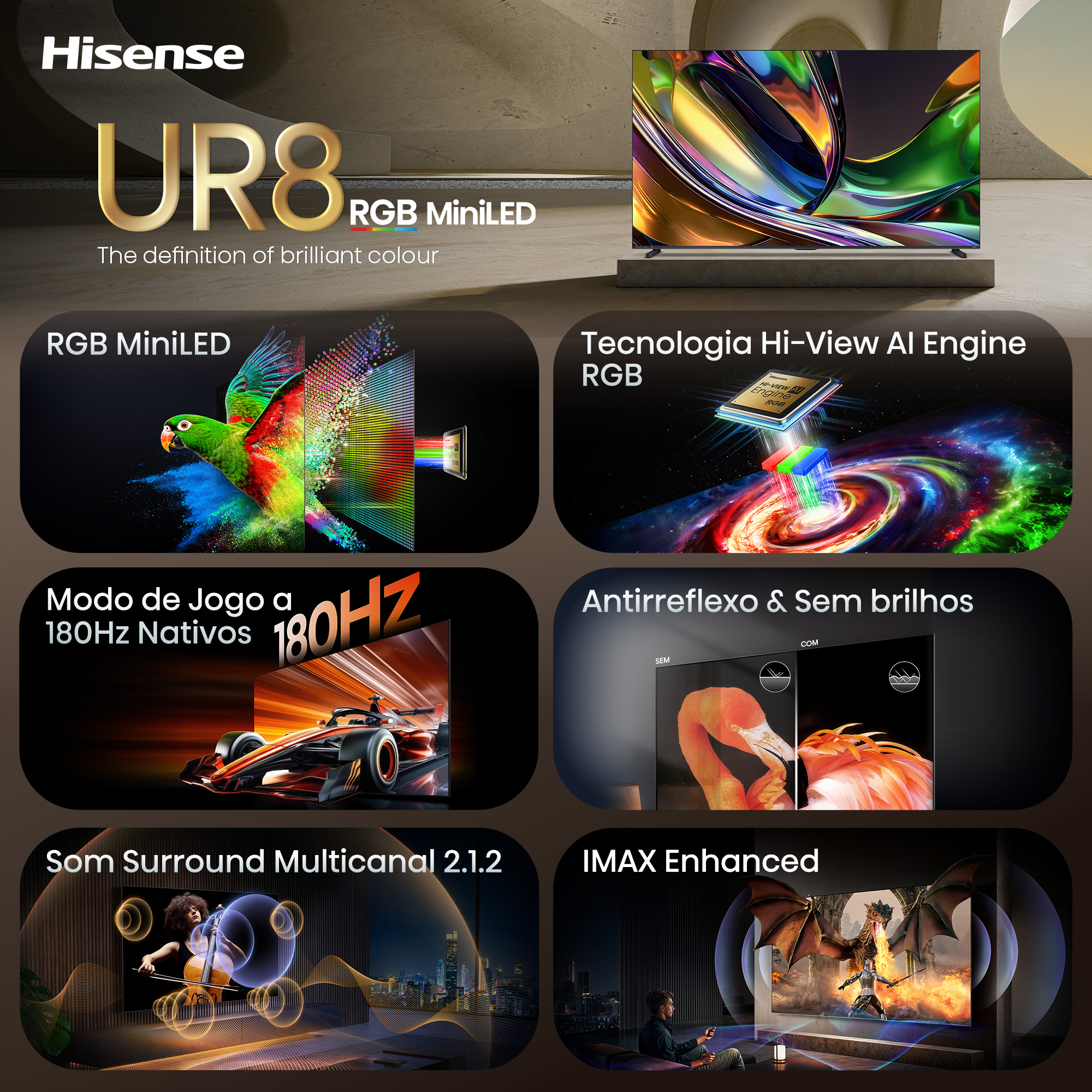 Hisense - Série UR8S RGB MiniLED 100UR8S, 100’’ com Ecrã Antirreflexo & Sem brilhos