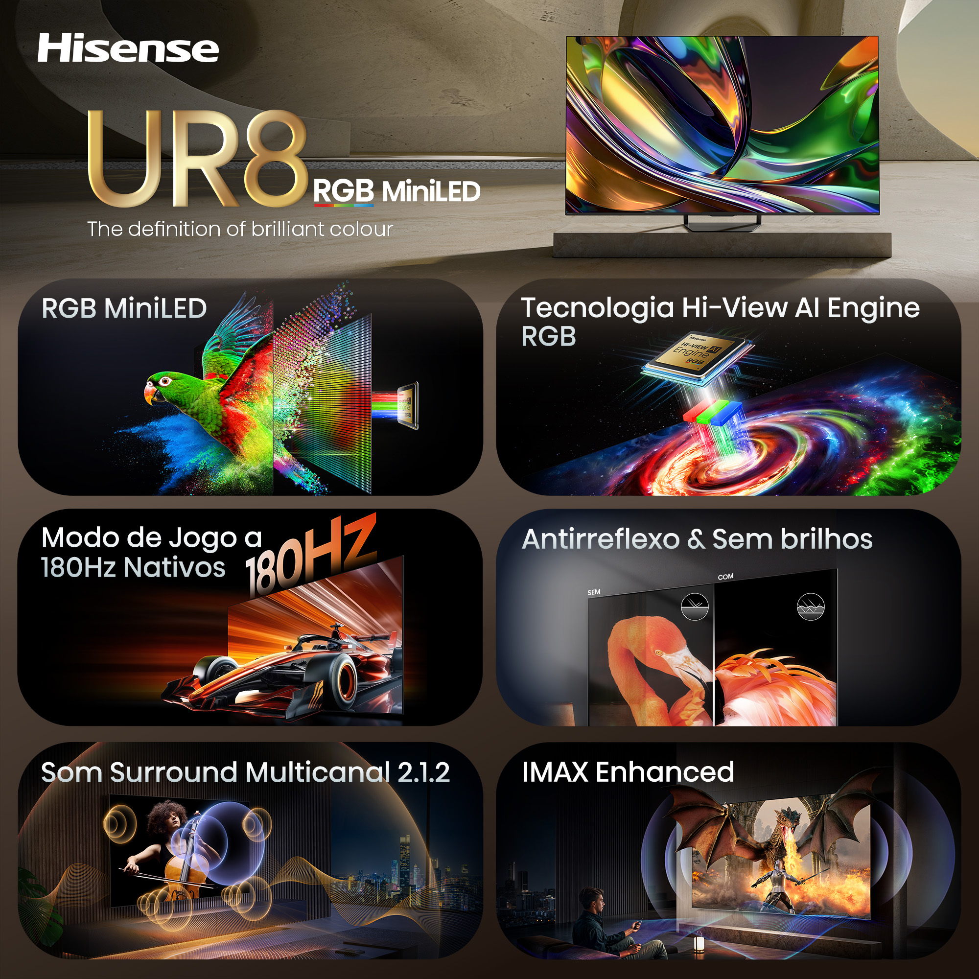 Hisense - Série UR8S RGB MiniLED 65UR8S, 65’’ com Ecrã Antirreflexo & Sem brilhos