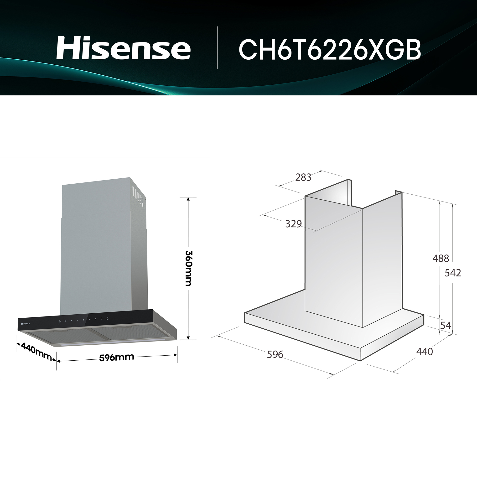 Hisense - CH6T6226XGB – Exaustor de Parede Serie Hi6; 446M³/H, Classe A+