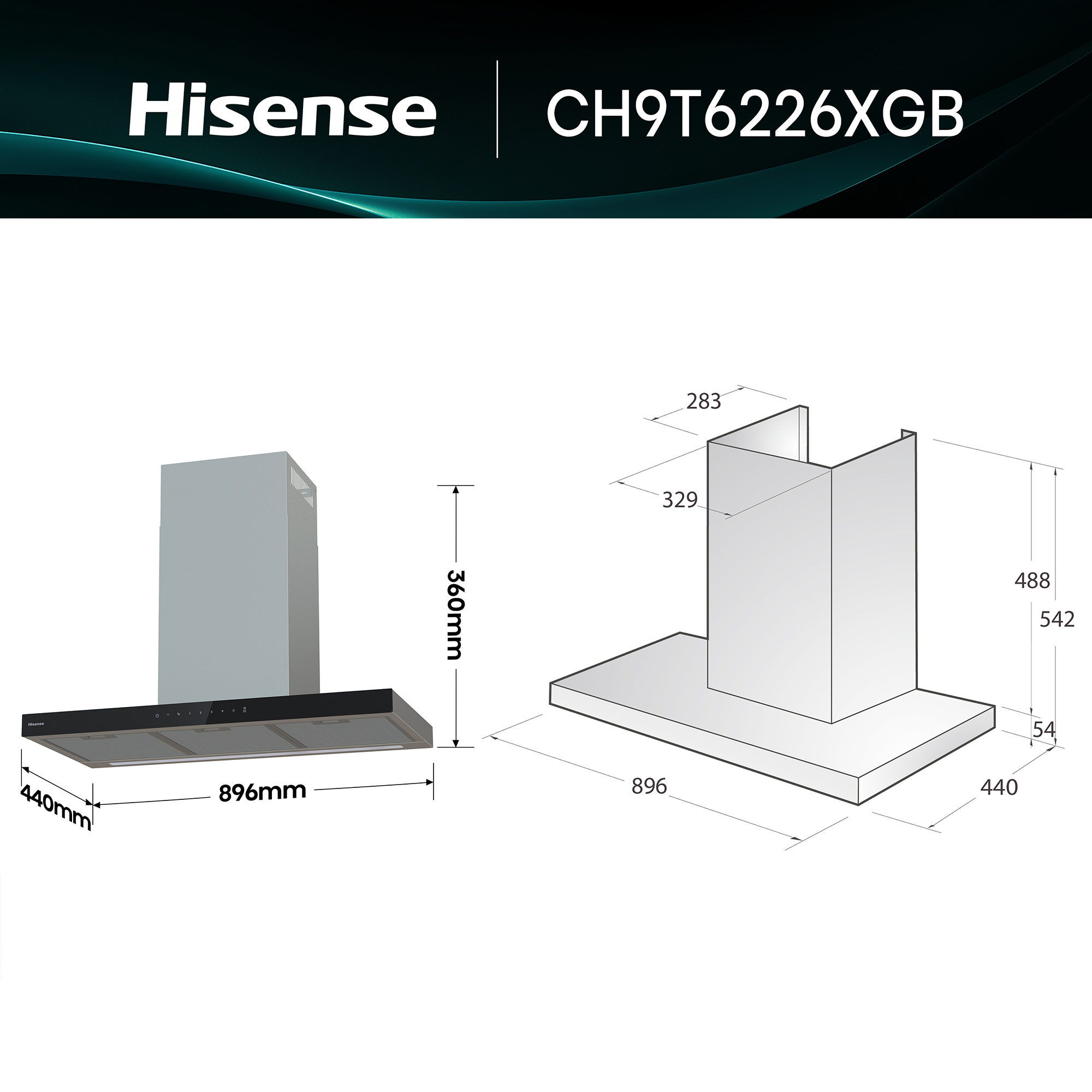 Hisense - CH9T6226XGB – Exaustor de Parede Serie Hi6; 446M³/H, Classe A+