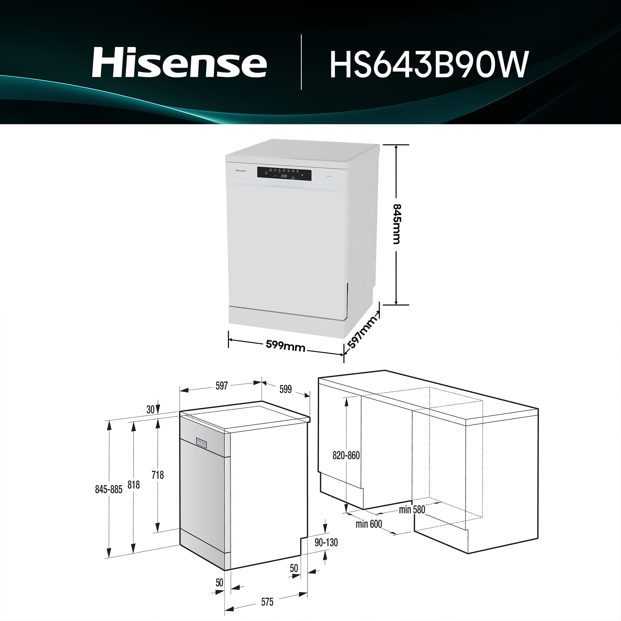 Hisense - HS643B90W – Máquina de Lavar Loiça Serie Hi4, 15 conjuntos, Classe B