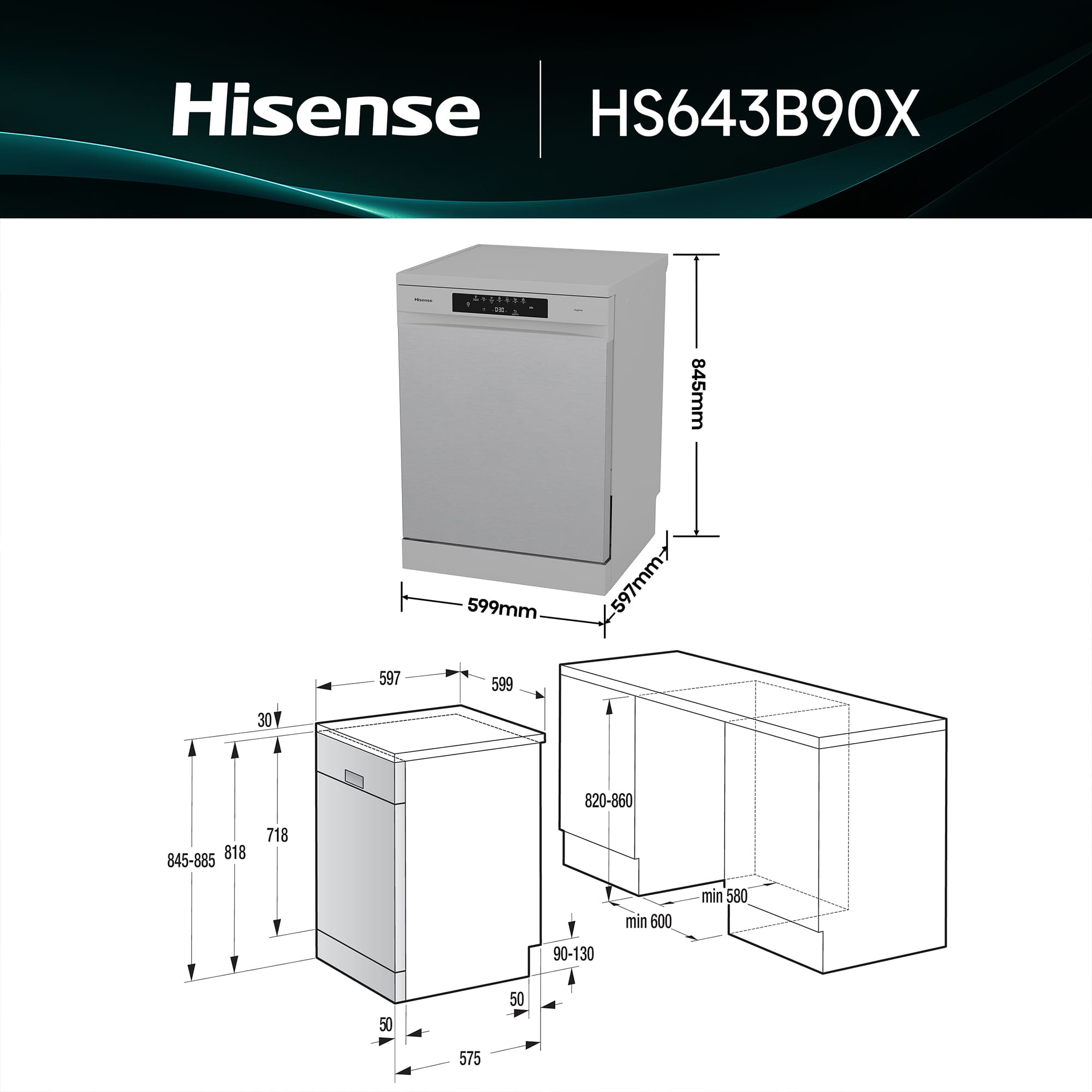 Hisense - HS643B90X – Máquina de Lavar Loiça Serie Hi4, 15 conjuntos, Classe B