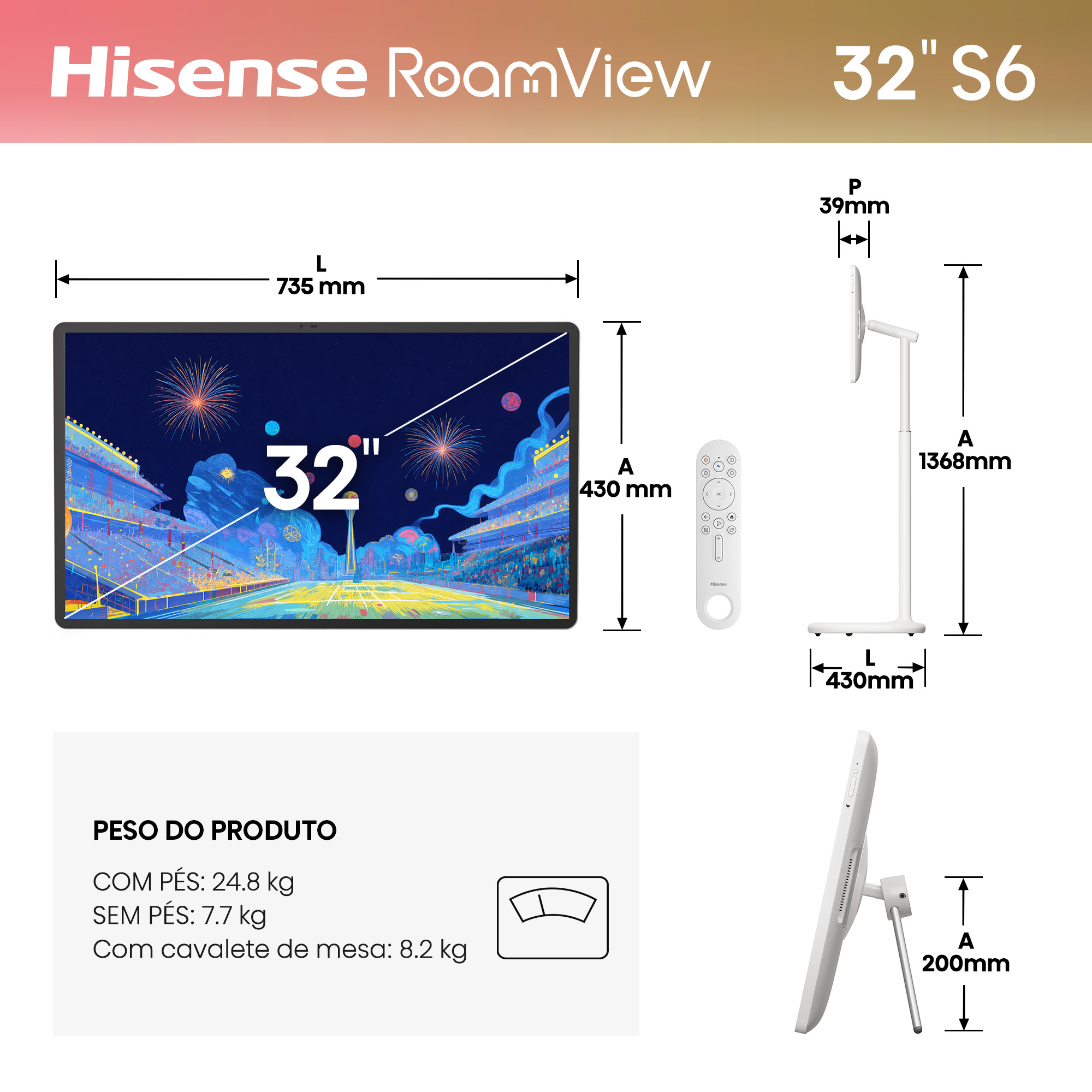 Hisense - Série S6S TV Tátil 4K UHD 32S6S, 32’’ com Android e Bateria integrada na Base